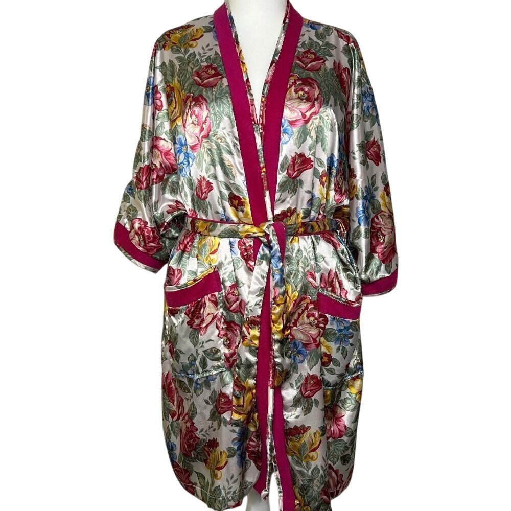 Cypress Woman's Robe Large Vtg Satin Floral Terry Cloth Lined Pockets Luxury 90s